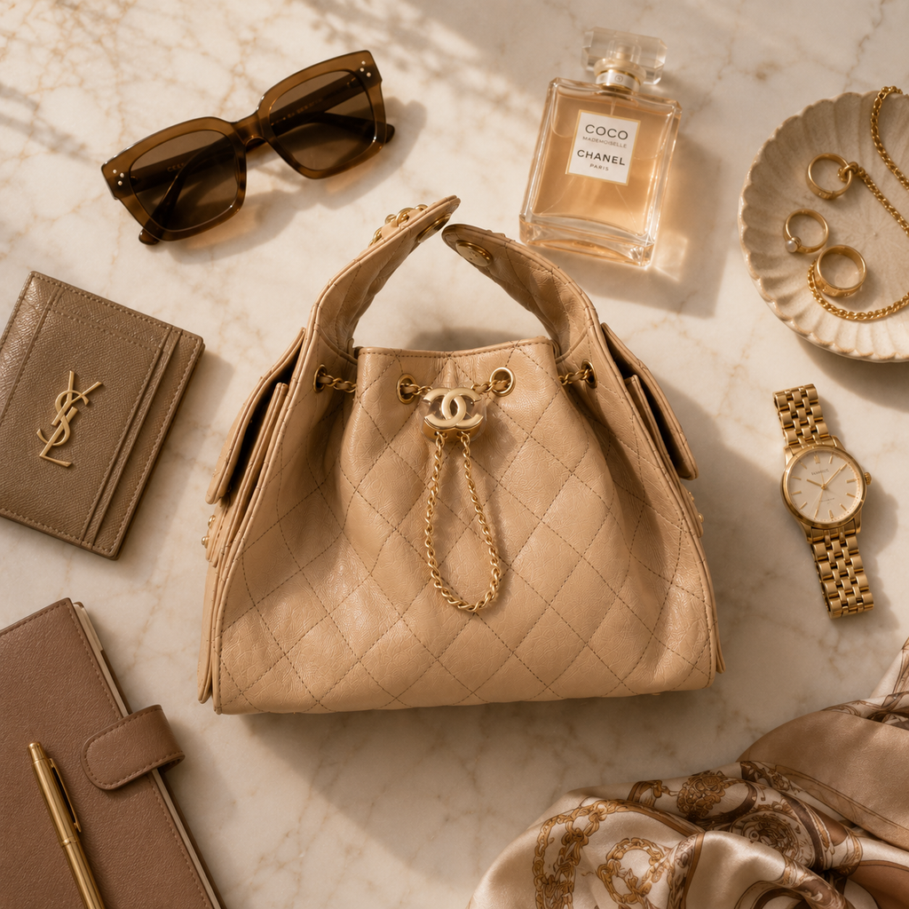 A beige quilted leather handbag with gold-tone hardware and a drawstring closure, styled in a flat lay on a light marble surface with sunglasses, a perfume bottle, jewelry, a watch, a wallet, a notebook, and a scarf.