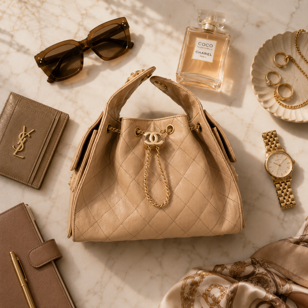 A beige quilted leather handbag with gold-tone hardware and a drawstring closure, styled in a flat lay on a light marble surface with sunglasses, a perfume bottle, jewelry, a watch, a wallet, a notebook, and a scarf.