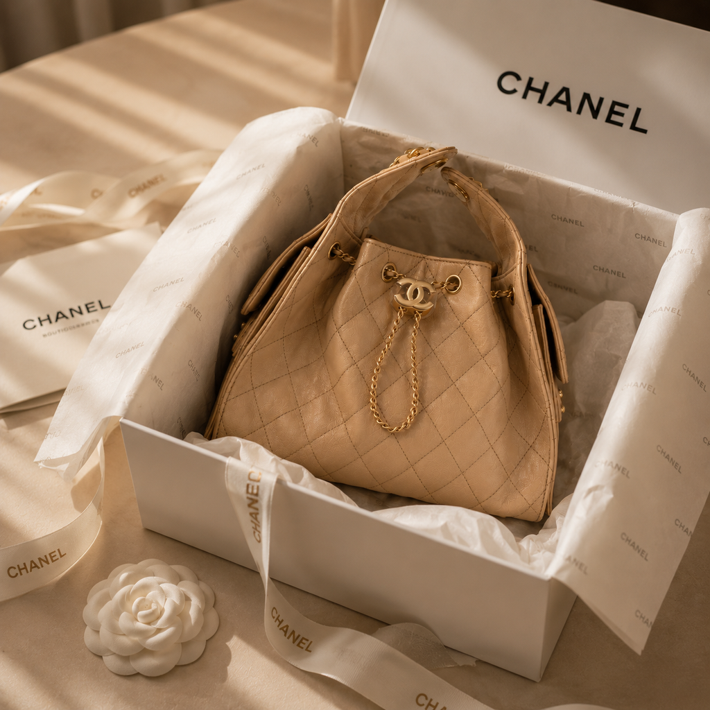 A beige quilted Chanel handbag with gold hardware sits inside an open white Chanel box lined with branded tissue paper. The scene is styled with Chanel ribbons, a white camellia flower, and a branded card on a warm beige surface.