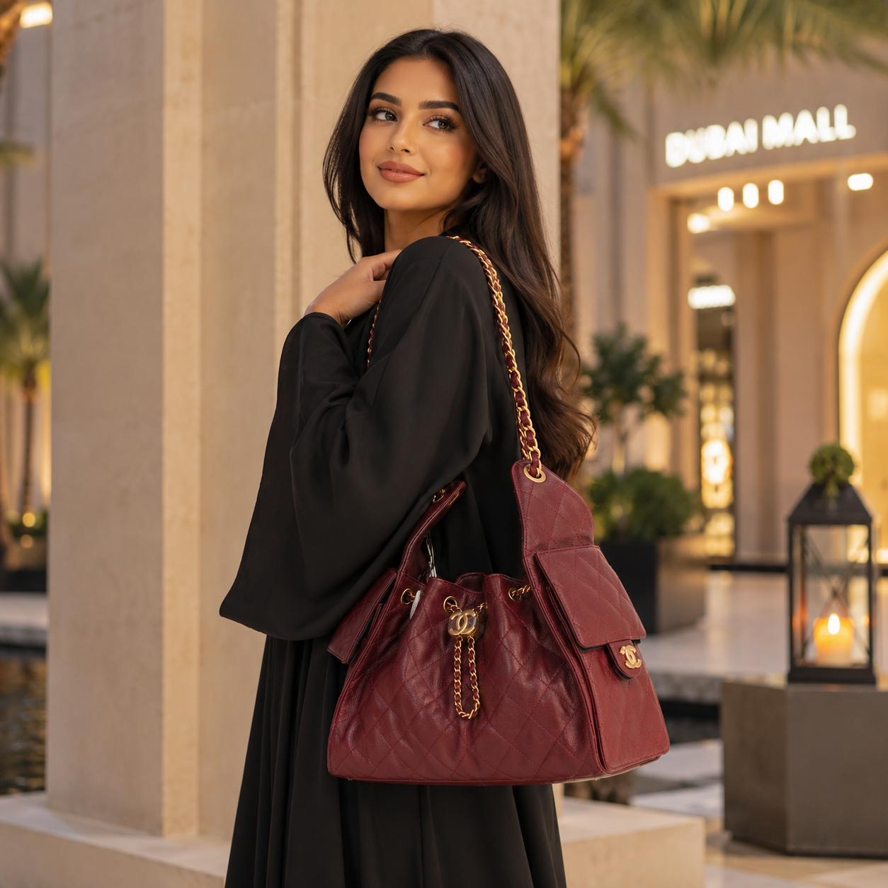 A woman in a black abaya carries a burgundy quilted Chanel shoulder bag with gold chain detailing in an outdoor mall setting.