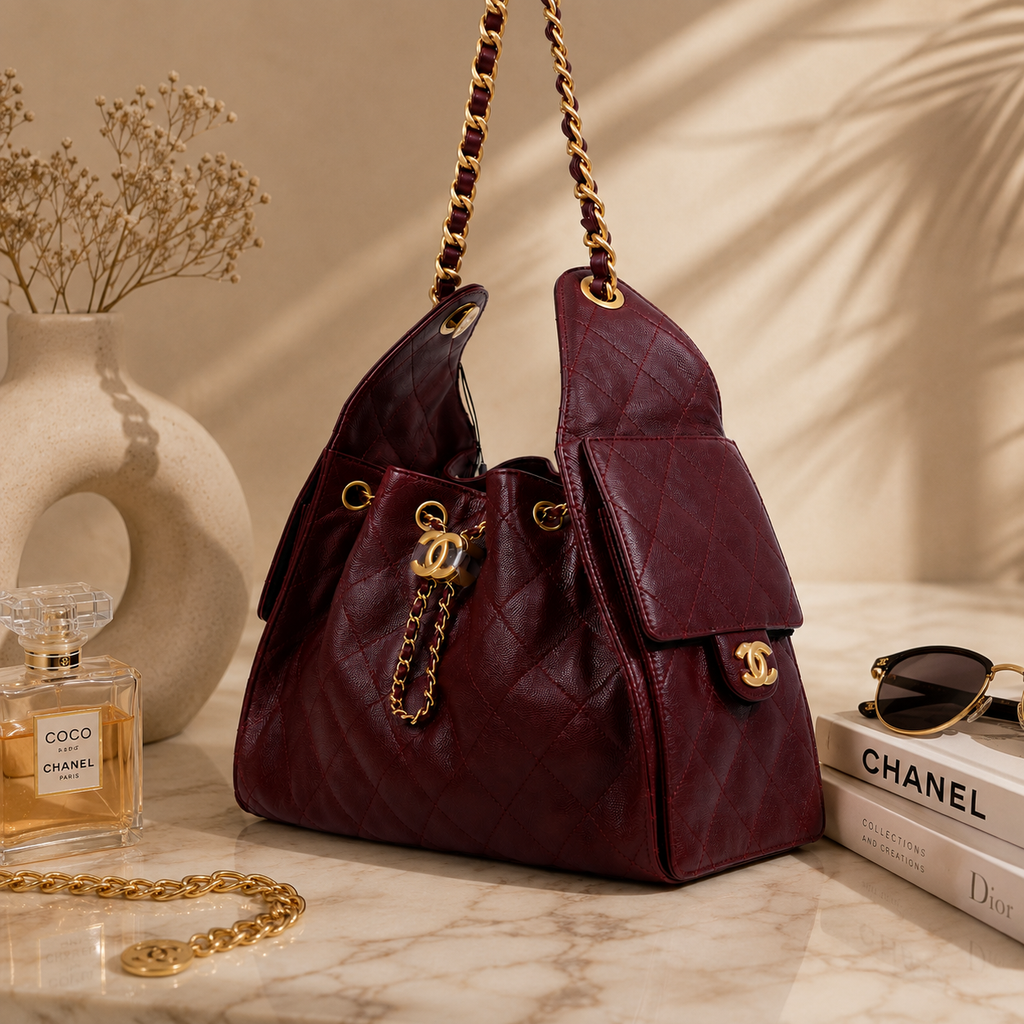 A burgundy quilted leather Chanel shoulder bag with gold-tone hardware, displayed on a marble surface with decorative props including a perfume bottle, sunglasses, a book, and a vase.