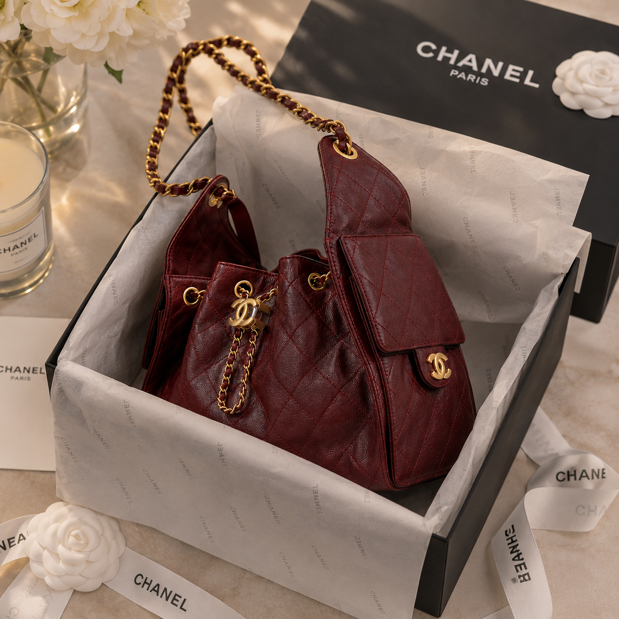 A Chanel shoulder bag in deep burgundy quilted leather with gold-tone chain strap and CC turn-lock closure, presented inside an open black Chanel box with branded tissue paper and ribbon.