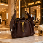 A dark brown quilted leather handbag with gold-tone hardware and a double-C logo charm, displayed on a marble counter in a luxury boutique with a blurred 'DUBAI LUXE' background.