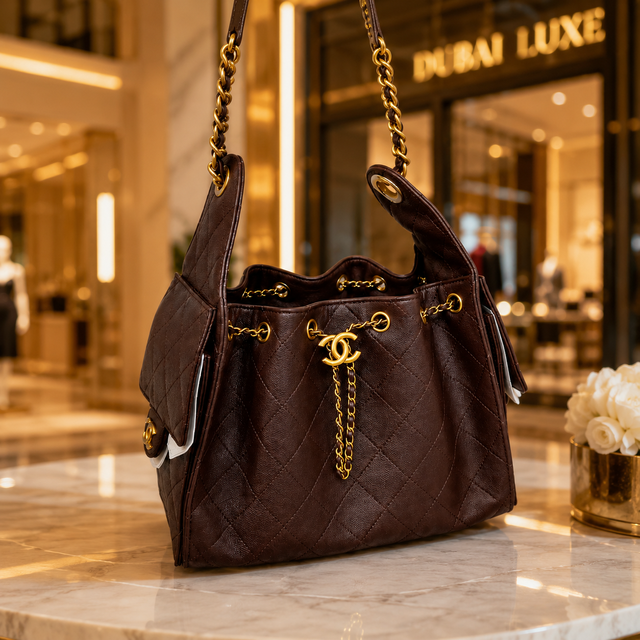 A dark brown quilted leather handbag with gold-tone hardware and a double-C logo charm, displayed on a marble counter in a luxury boutique with a blurred 'DUBAI LUXE' background.