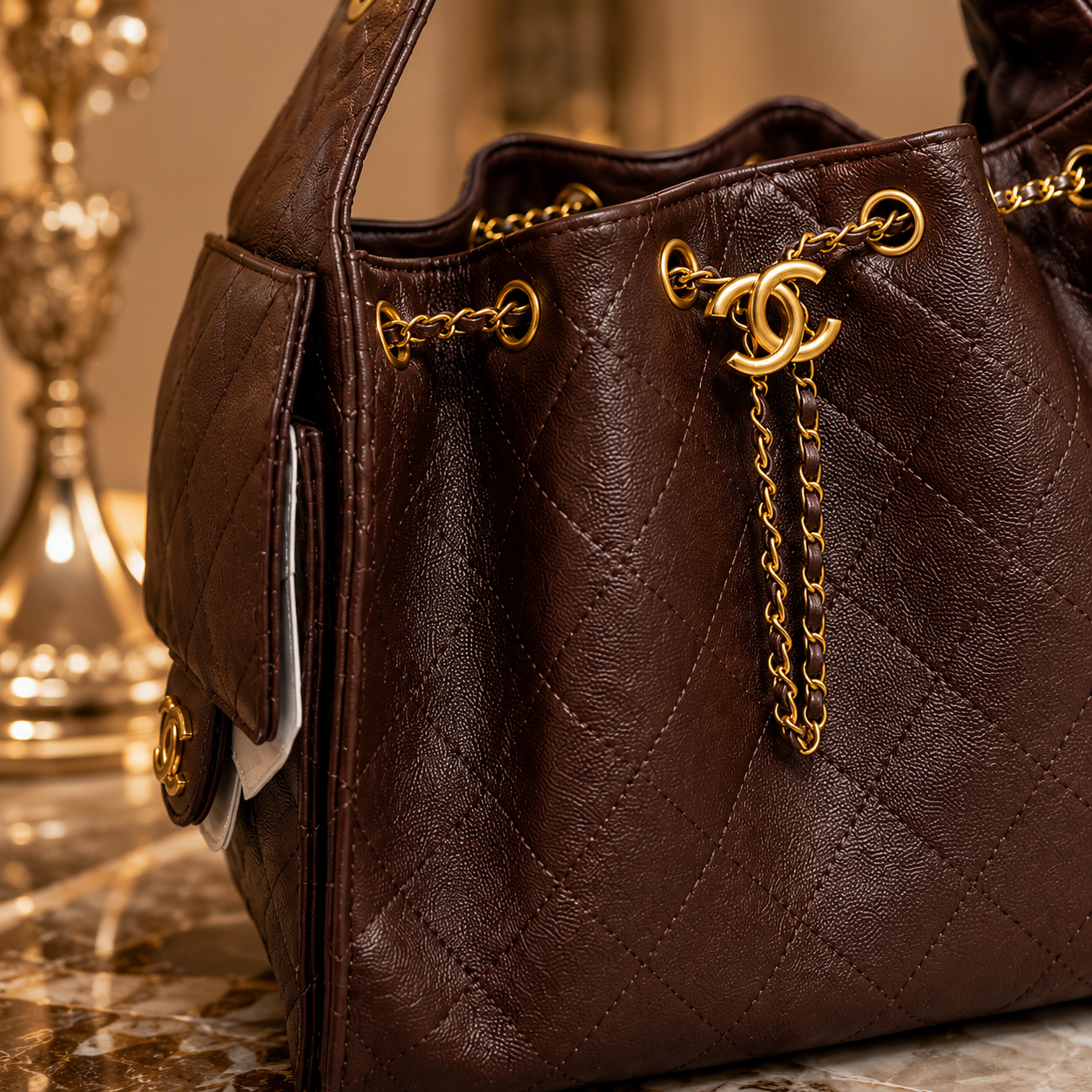 A close-up of a dark brown quilted leather handbag with gold-tone chain details and interlocking CC logo hardware, set against a warm, blurred background.