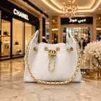 A white quilted leather handbag with gold-tone chain straps and a gold interlocking CC logo, displayed on a marble counter in a luxury shopping mall setting with Chanel storefront in the background.