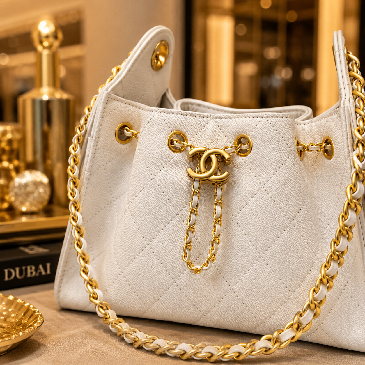 A white quilted leather handbag with gold-tone chain straps and a prominent interlocking CC logo clasp, styled on a tabletop with a blurred luxury interior background.