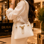 A woman in a white satin blouse and matching trousers carries a white quilted Chanel shoulder bag with gold-tone chain straps and hardware in a luxury indoor setting.