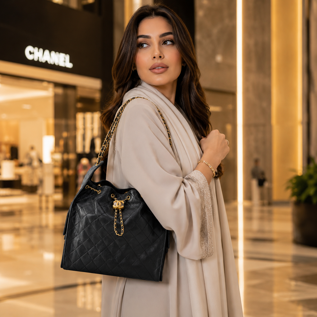 A woman in a beige coat carries a black quilted Chanel tote bag with gold hardware in a luxury shopping mall setting, with the Chanel storefront visible in the background.
