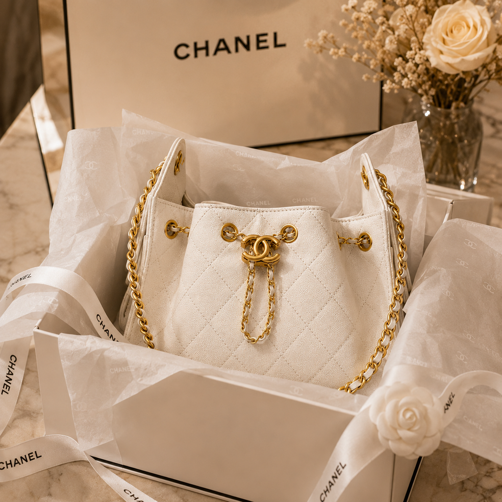 A white quilted Chanel bucket bag with gold-tone hardware and chain strap, presented in a branded white box with tissue paper and ribbon. A Chanel box and a vase of dried flowers are visible in the background.
