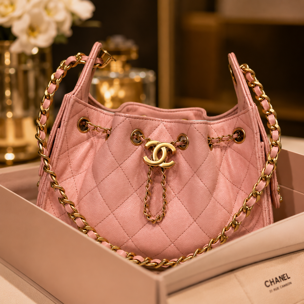 A pink quilted Chanel handbag with gold-tone hardware and chain straps, displayed inside an open Chanel box on a warm, softly blurred background.