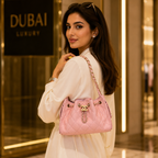 A woman in a white dress carries a pink quilted Chanel shoulder bag with gold hardware and chain strap in a luxury indoor setting with a Dubai Luxury sign in the background.