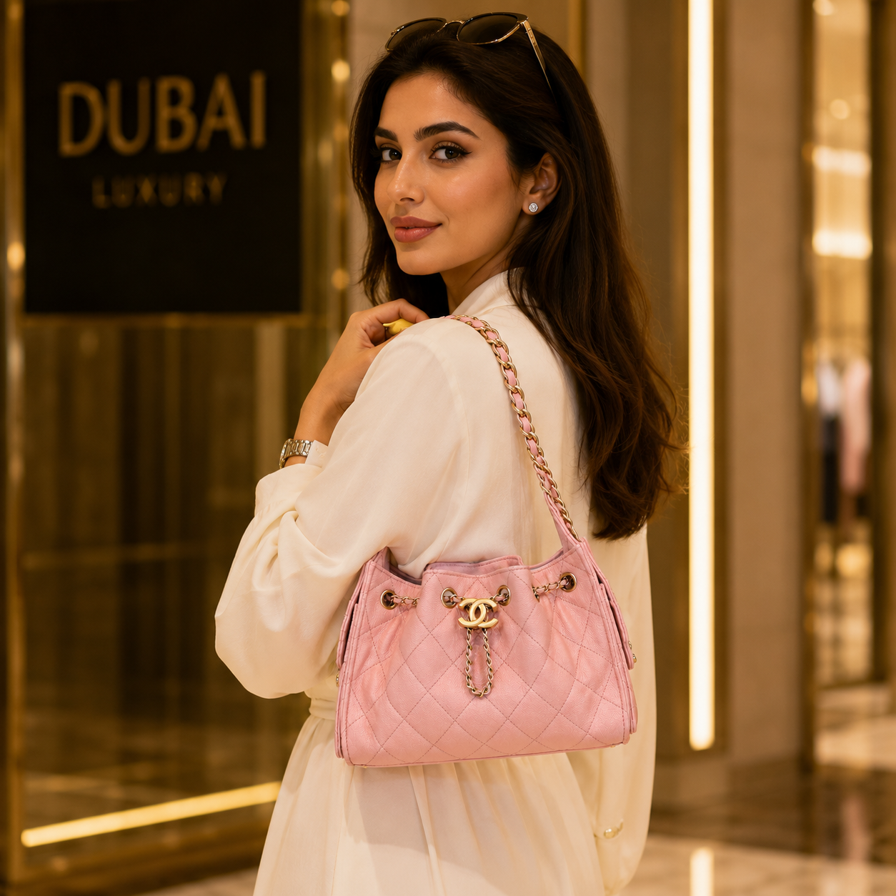 A woman in a white dress carries a pink quilted Chanel shoulder bag with gold hardware and chain strap in a luxury indoor setting with a Dubai Luxury sign in the background.