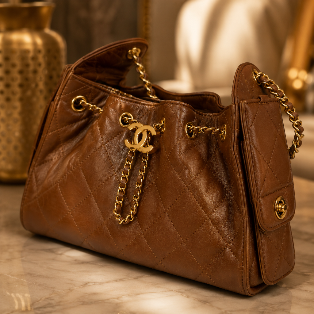 A brown quilted leather handbag with gold-tone hardware, featuring a prominent interlocking CC logo charm and a chain strap, resting on a marble surface.
