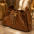 A brown quilted leather handbag with gold-tone hardware, featuring a prominent interlocking CC logo charm and a chain strap, resting on a marble surface.