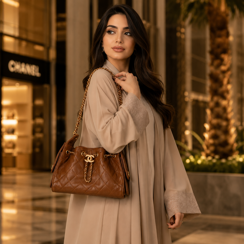 A woman in a beige long-sleeve dress carries a brown quilted Chanel shoulder bag with gold-tone hardware and chain strap in an upscale indoor shopping environment. The Chanel logo is visible on the bag.