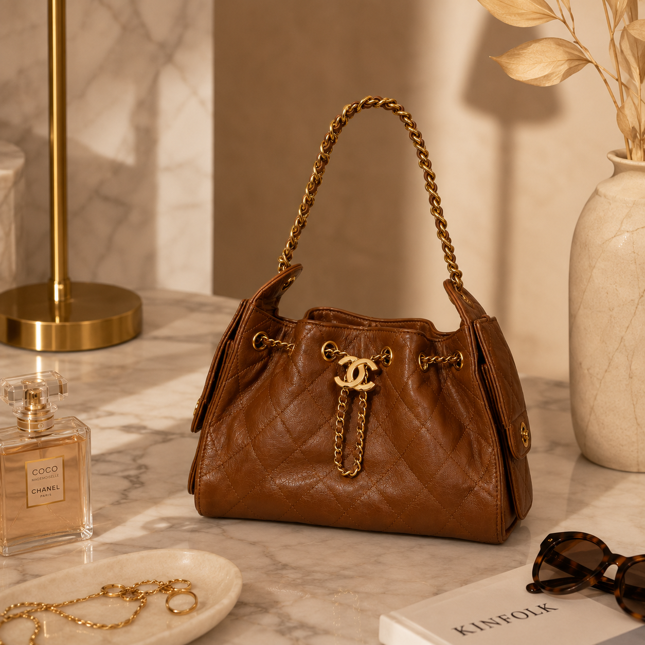 A brown quilted leather handbag with gold-tone chain straps and a prominent interlocking CC logo, styled on a marble tabletop next to a perfume bottle, sunglasses, and a vase.