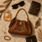 A brown quilted leather handbag with gold-tone chain straps and a double-C logo charm, styled in a luxury flat lay on a marble surface with a Chanel perfume bottle, sunglasses, a Louis Vuitton wallet, a gold watch, jewelry, and a YSL card holder.