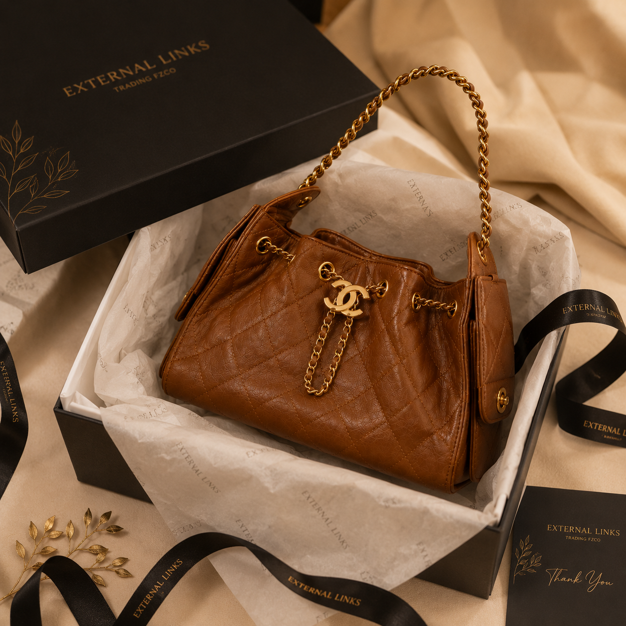 A brown quilted leather shoulder bag with gold-tone hardware and a chain strap, presented in an open black box with branded packaging, ribbons, and a box lid on a beige fabric background.