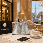 A silver quilted Chanel shoulder bag with gold-tone chain handles and a front CC logo charm sits on a marble table next to a black Chanel shopping bag, cards, and a coffee cup in a luxury interior setting.