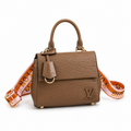Premium brown textured leather handbag with gold hardware and adjustable luxury shoulder strap on white background.