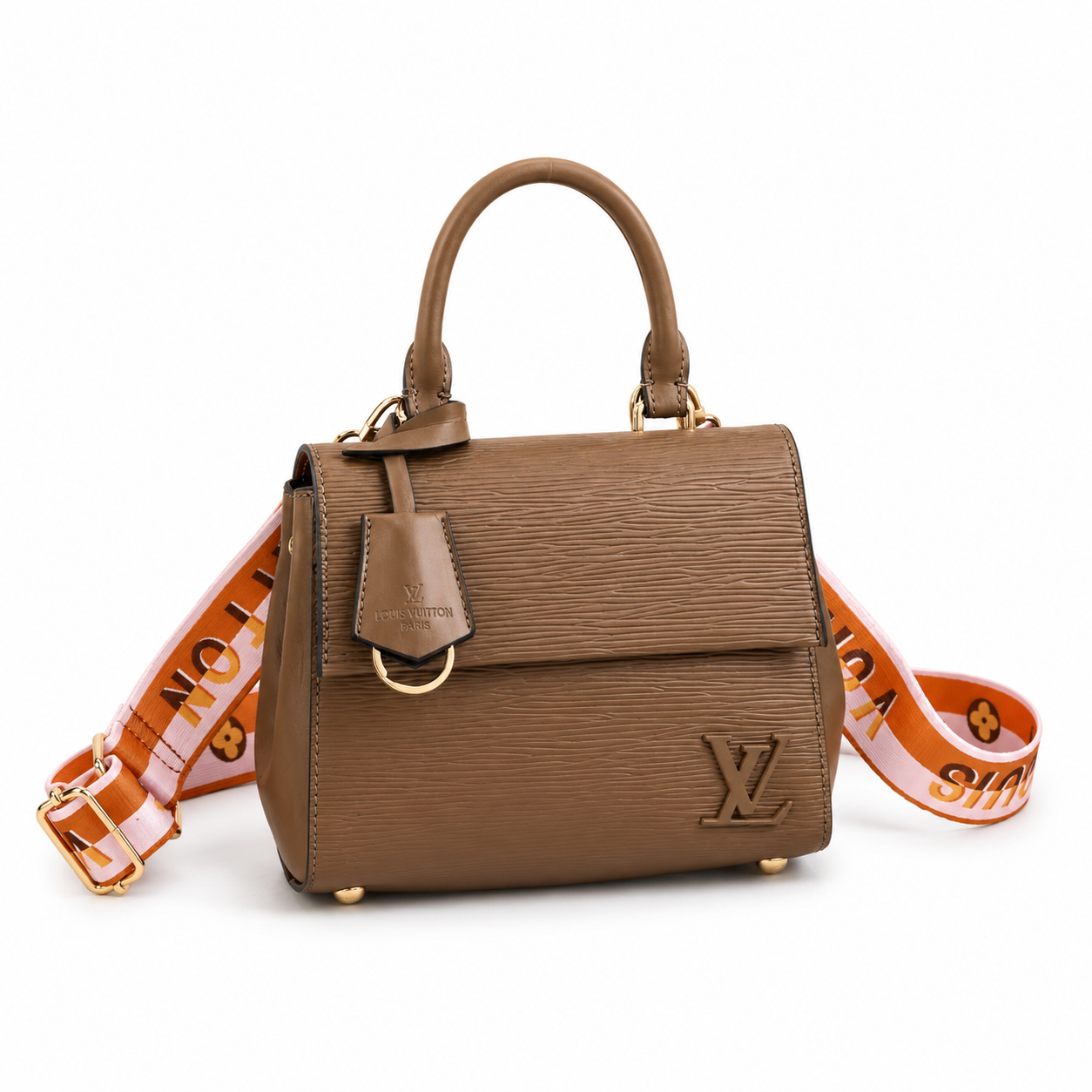 Premium brown textured leather handbag with gold hardware and adjustable luxury shoulder strap on white background.