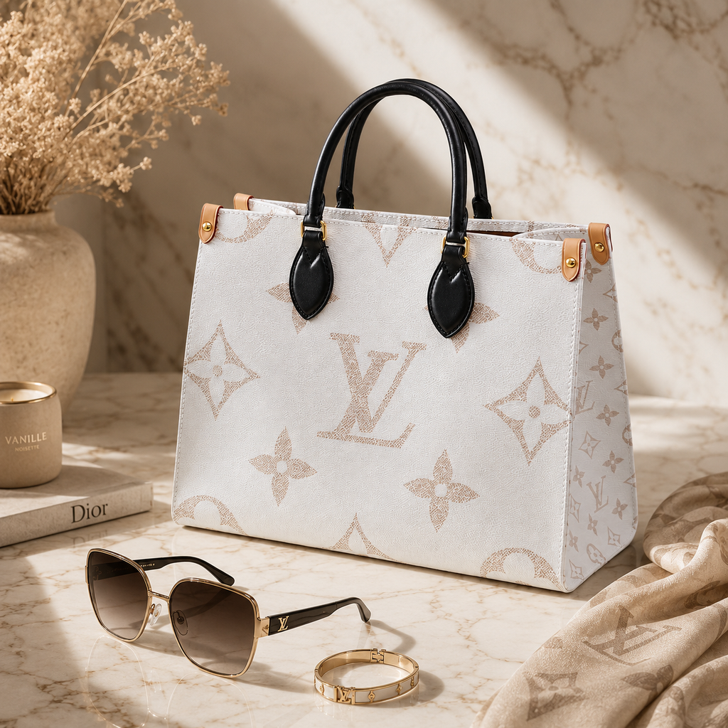Louis Vuitton handbag with sunglasses and bracelet on a marble surface