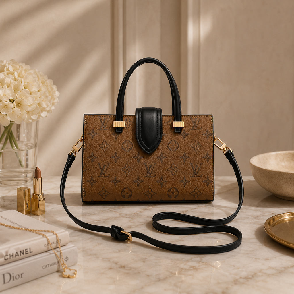 Luxury monogram tote handbag styled on marble surface with elegant beige luxury accessories