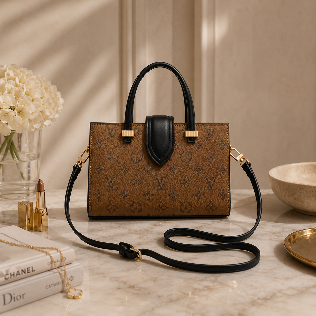 Luxury monogram tote handbag styled on marble surface with elegant beige luxury accessories