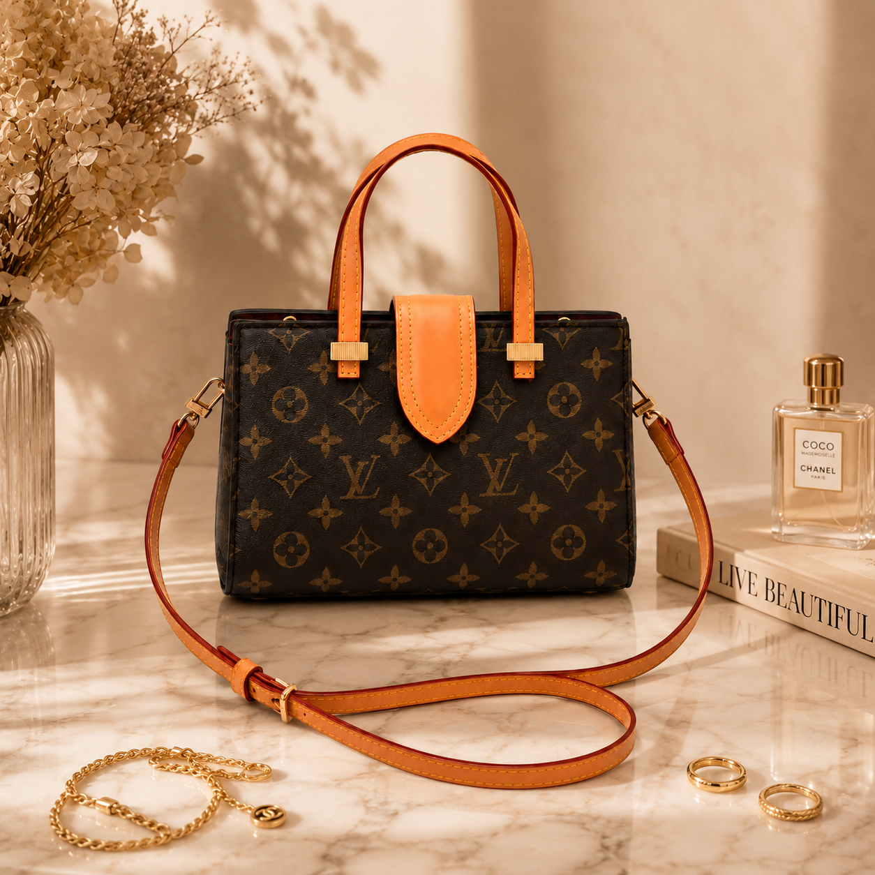 Luxury monogram handbag styled on marble surface with elegant accessories, soft beige tones, and premium editorial lighting.