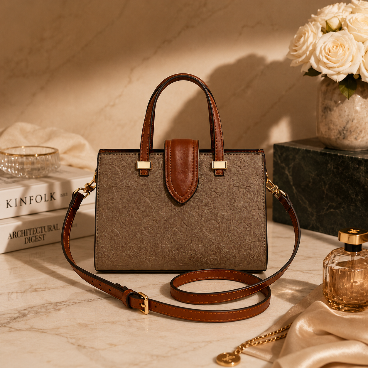 Luxury monogram tote bag displayed on marble surface with premium accessories and elegant beige aesthetic