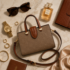 Luxury women’s monogram tote bag flatlay with sunglasses, watch, perfume, jewelry, and leather accessories