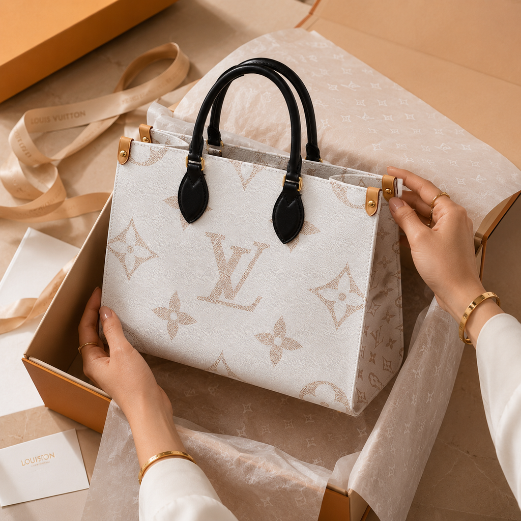 Louis Vuitton handbag being held by a person with a beige box and ribbon in the background