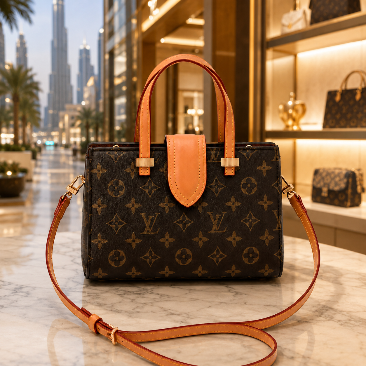 Elegant monogram handbag displayed inside a luxury Dubai-inspired boutique with warm golden lighting and premium fashion atmosphere.