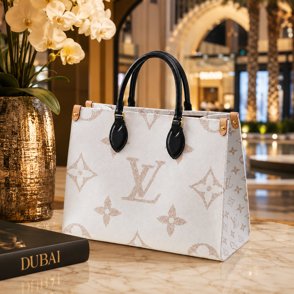 Designer handbag with monogram pattern on a table in an elegant interior setting