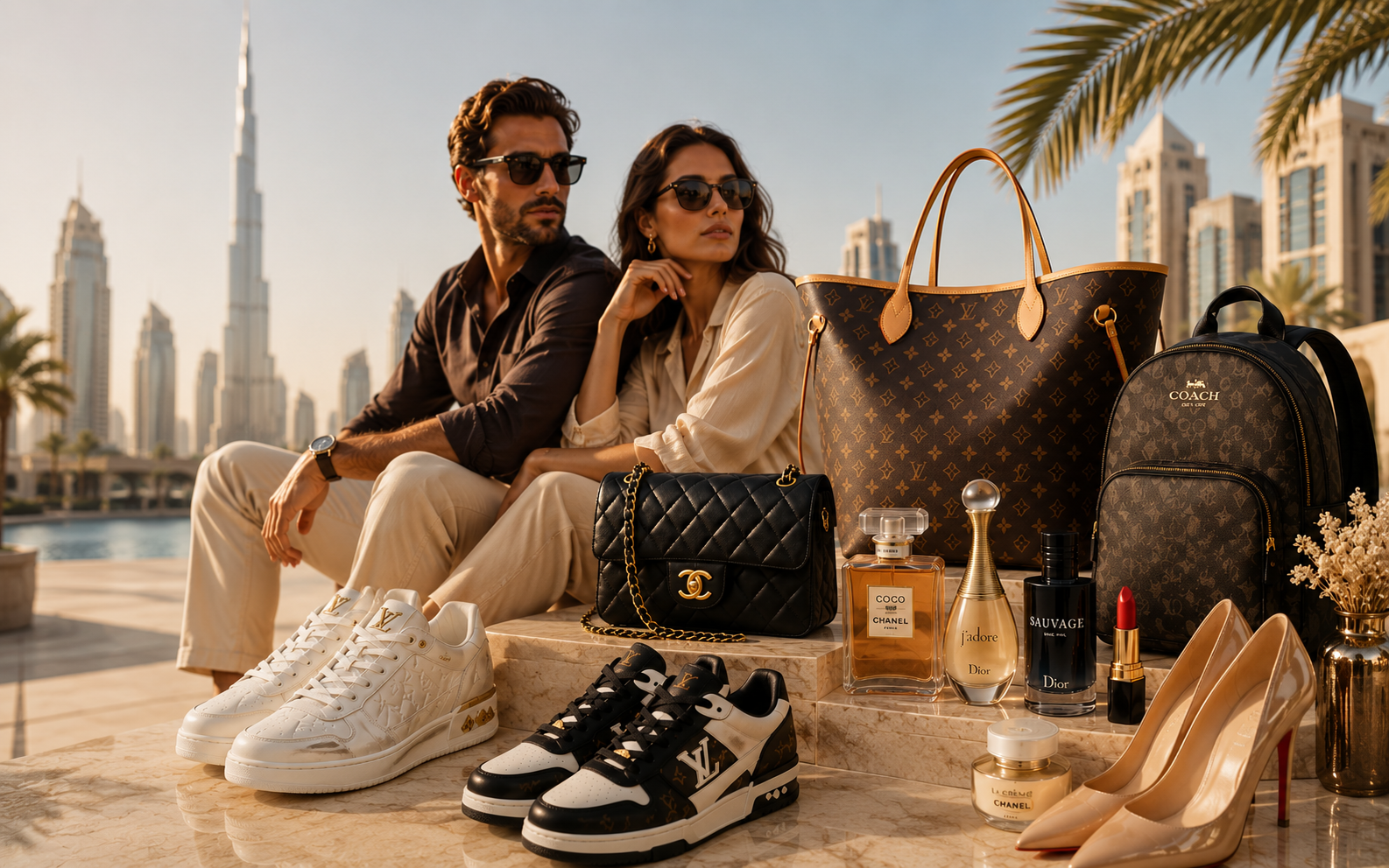 Stylish male and female models in a luxury Dubai-inspired setting featuring designer bags, sneakers, heels, perfumes, and premium fashion accessories for men and women.