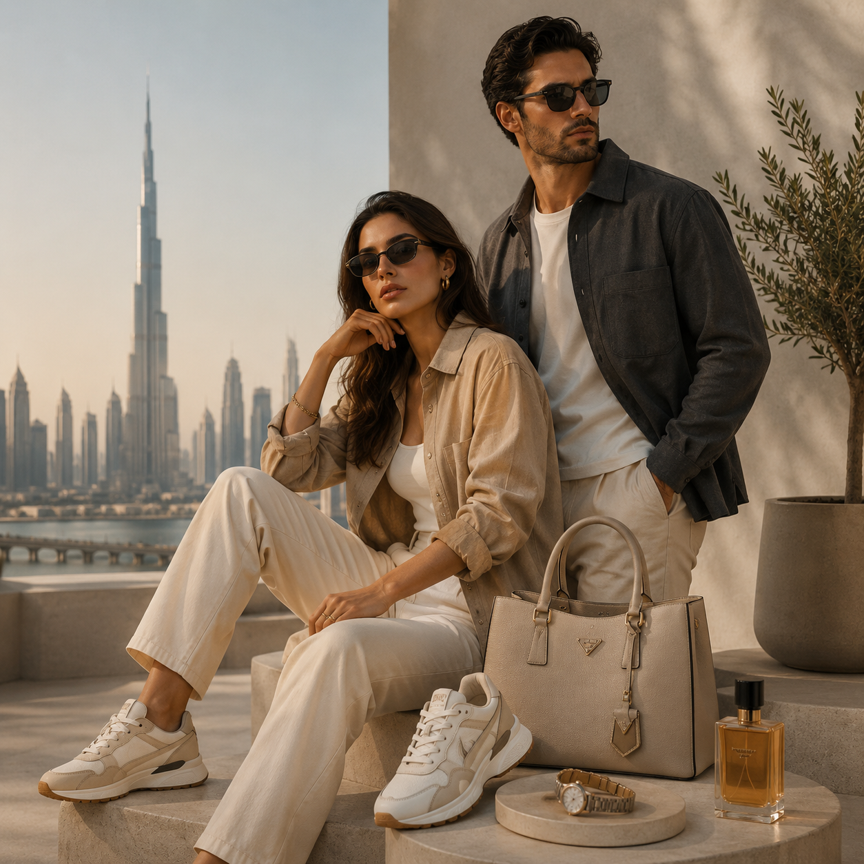 Stylish male and female fashion models in a luxury Dubai-inspired setting with designer sneakers, handbag, perfume, and premium lifestyle accessories.
