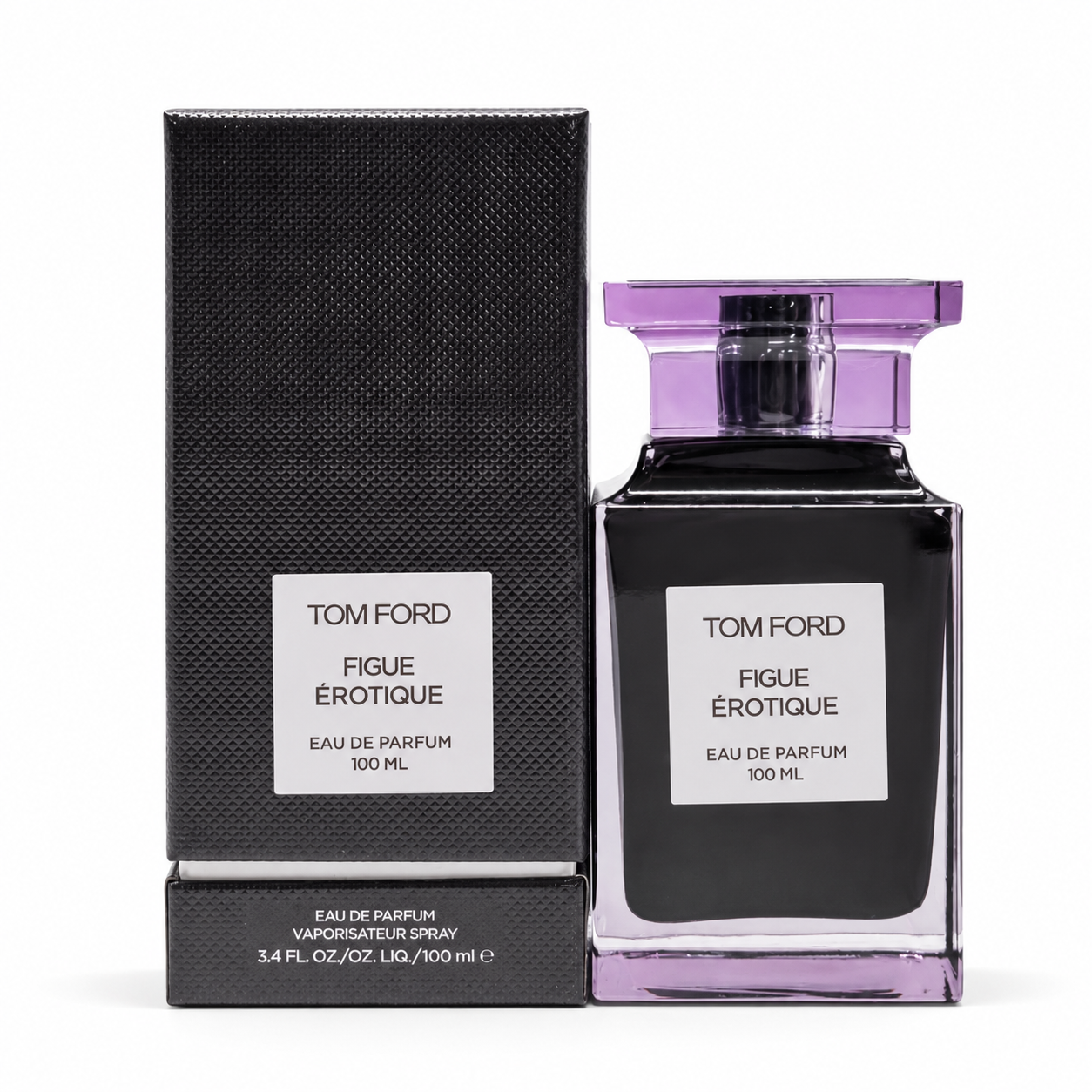 Luxury unisex Eau de Parfum 100ml perfume bottle with premium packaging on pure white background, elegant long lasting fragrance for men and women