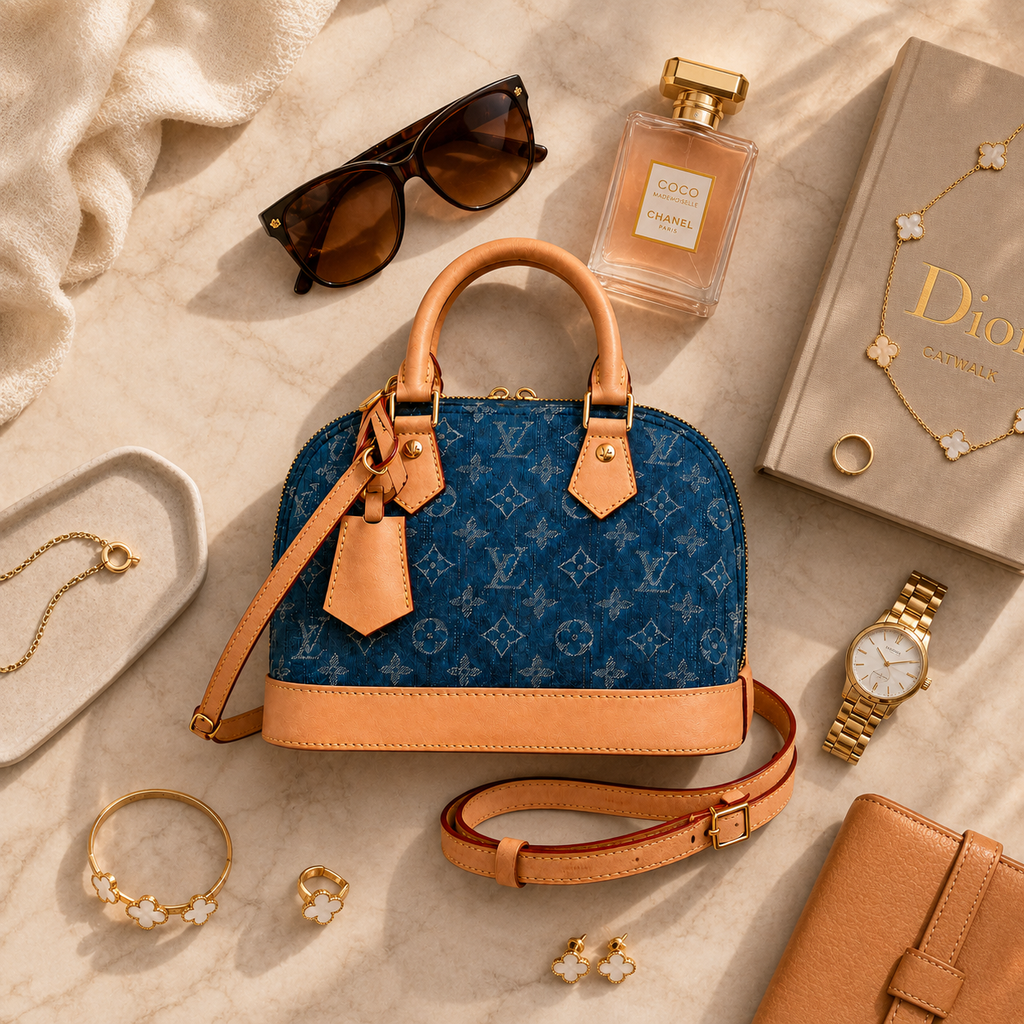 Blue luxury handbag arranged with sunglasses, jewelry, watch, and perfume in premium flatlay composition