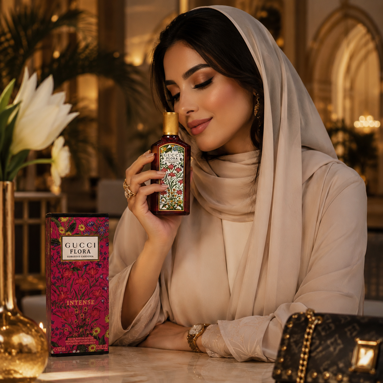Elegant woman enjoying luxury floral perfume in a premium fashion-inspired setting with sophisticated styling.