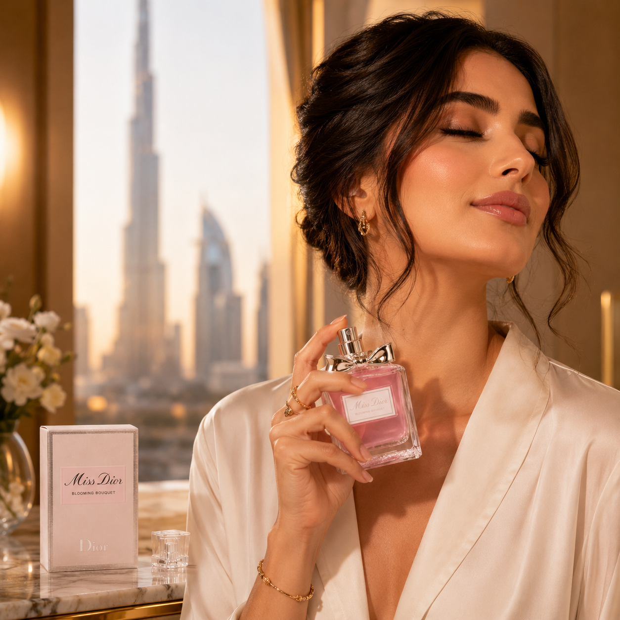 Elegant woman using luxury floral perfume in a sophisticated fashion-inspired luxury lifestyle setting