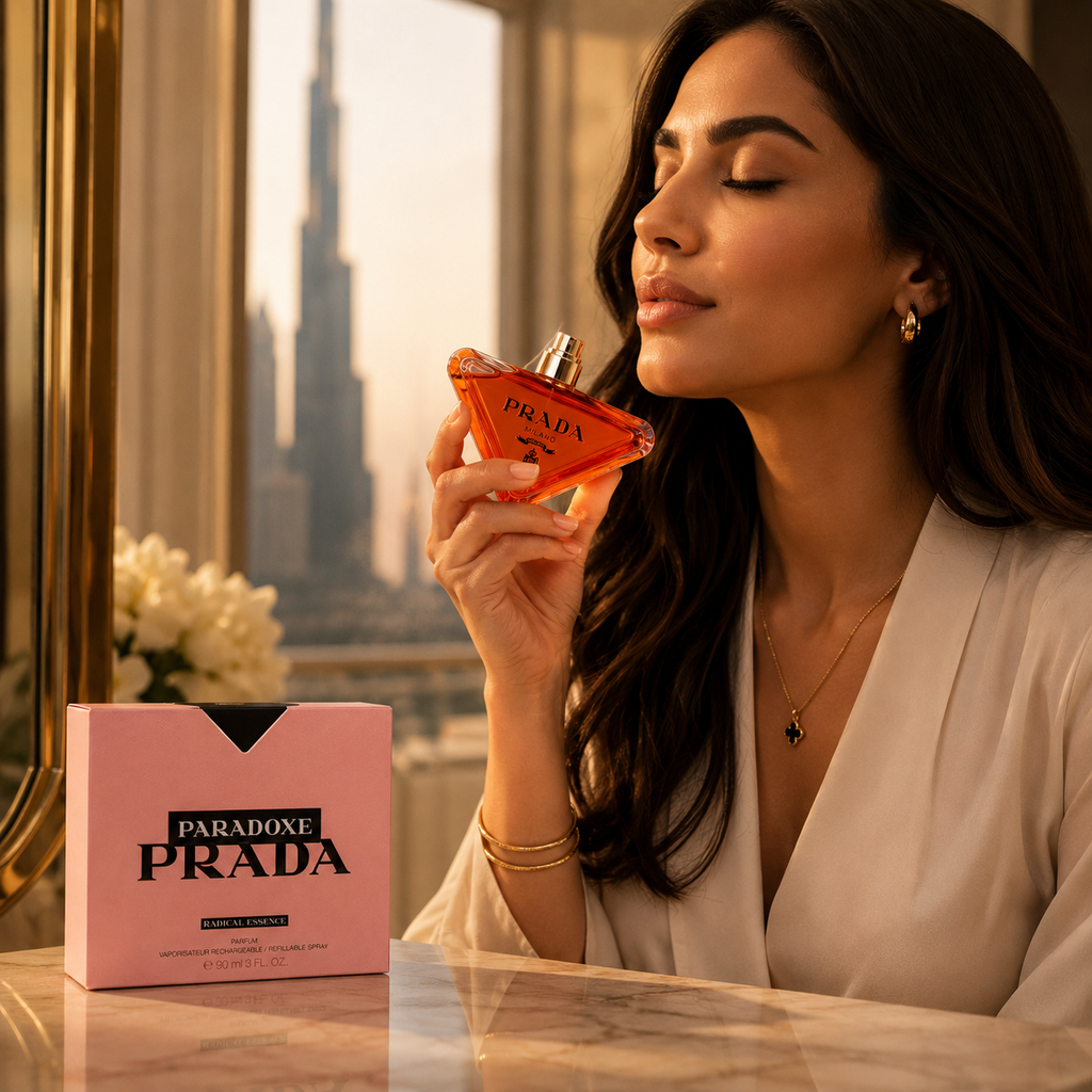 Elegant woman enjoying a luxury floral amber fragrance in a sophisticated fashion and beauty lifestyle setting.