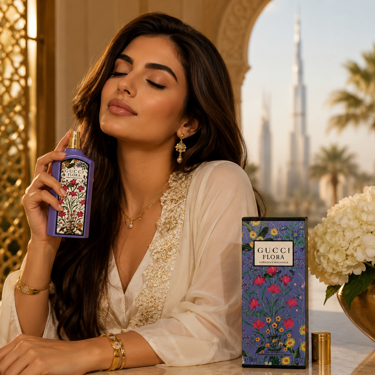 Elegant woman using luxury floral perfume in premium fashion lifestyle environment