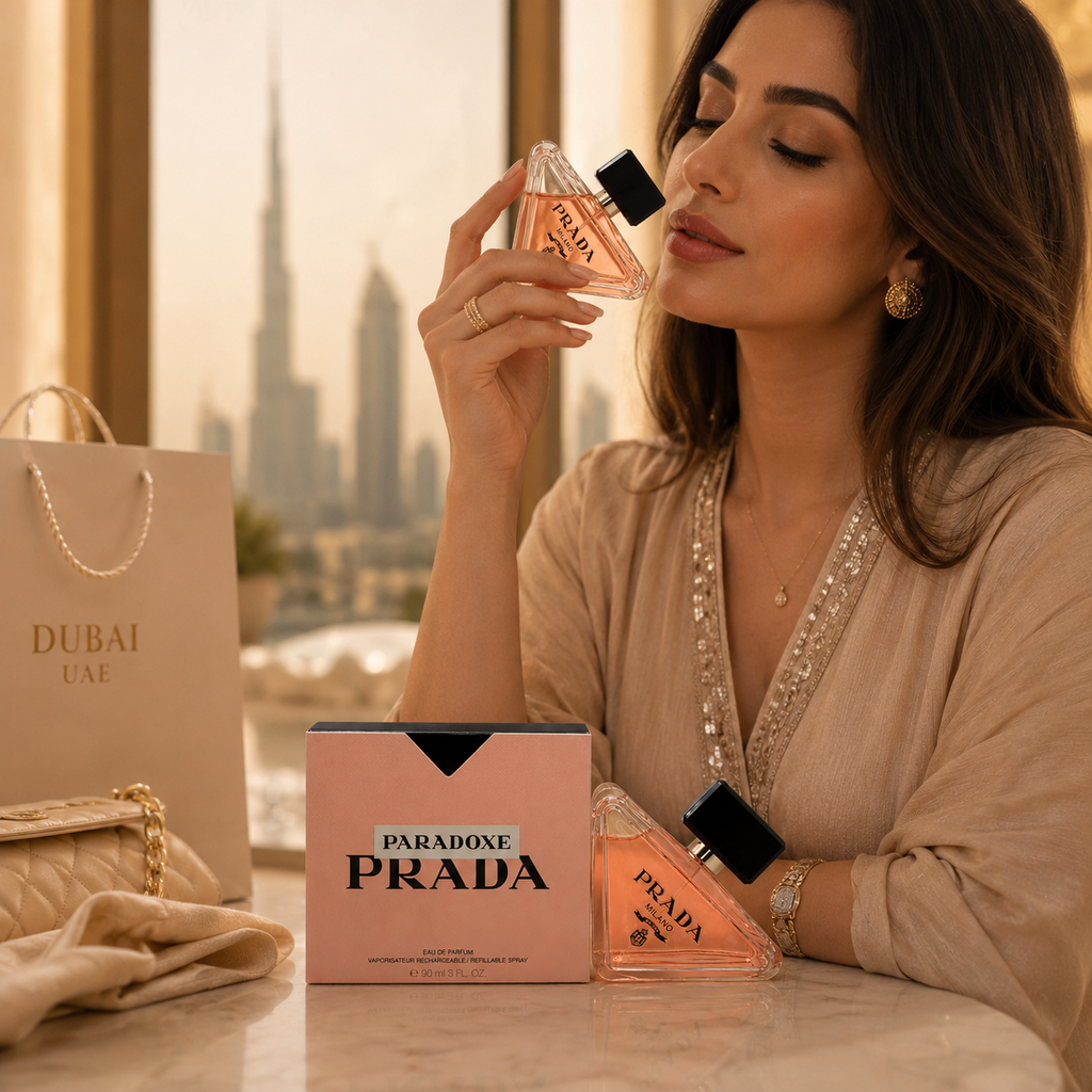 Elegant woman enjoying luxury women's perfume in a sophisticated UAE-inspired luxury lifestyle environment