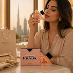 Elegant woman enjoying luxury women's perfume in a sophisticated UAE-inspired luxury lifestyle environment