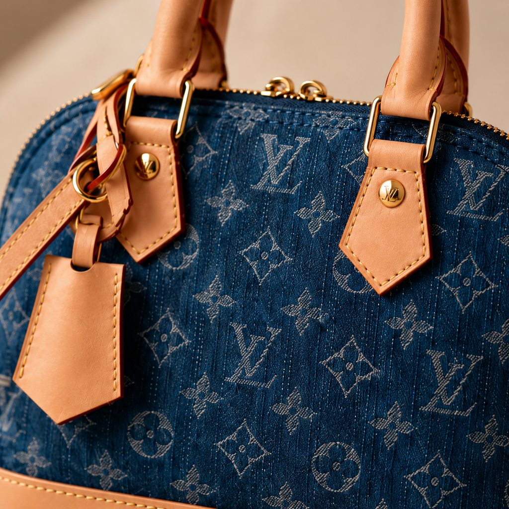 Premium blue denim luxury handbag styled inside elegant Dubai-inspired luxury boutique setting