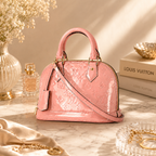 Elegant pink luxury handbag styled on marble surface with soft beige tones, premium accessories, and warm editorial lighting.