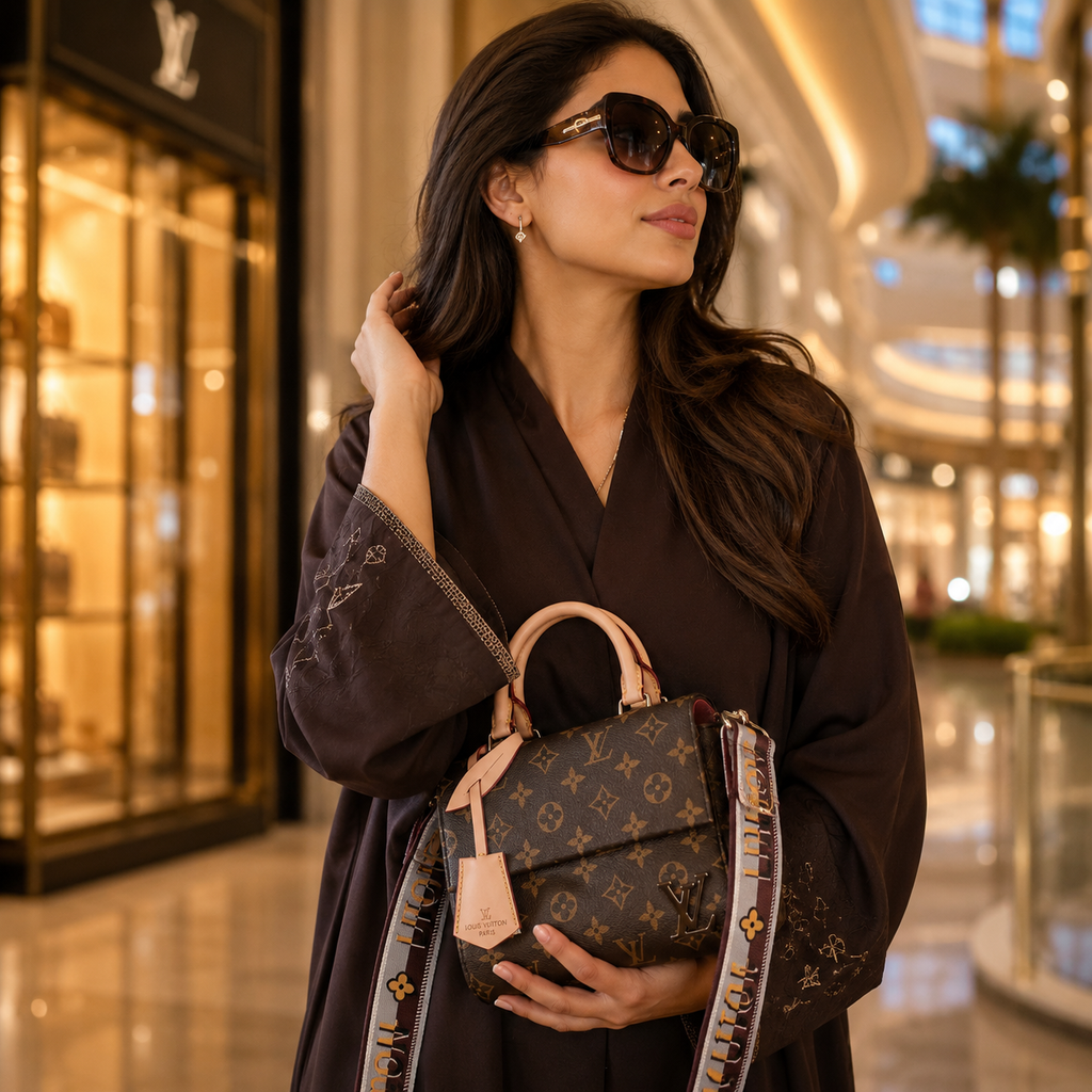 Elegant woman holding luxury monogram handbag in premium UAE fashion lifestyle setting
