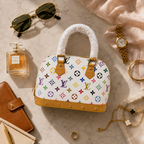 Luxury women's multicolor handbag with sunglasses, perfume, jewelry, and watch in a premium flat lay composition