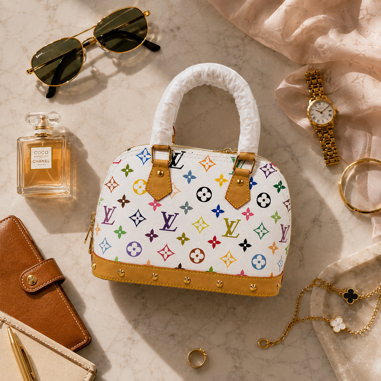 Luxury women's multicolor handbag with sunglasses, perfume, jewelry, and watch in a premium flat lay composition
